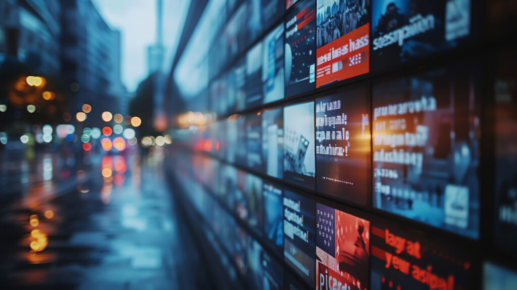 city street wall of digital advertising signs at night city street wall of digital advertising signs at night